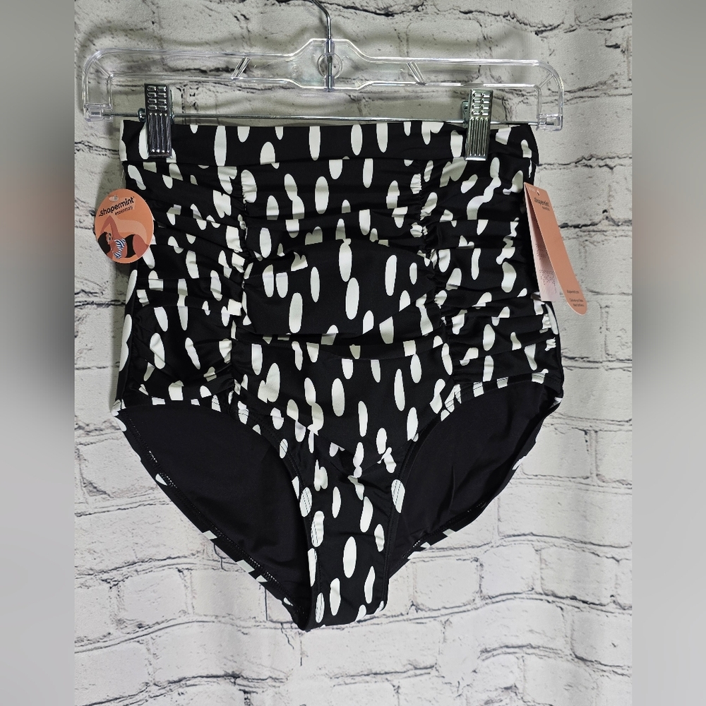 Shapermint Black & White High-Waist Ruched Swim Bottoms Size Medium‎